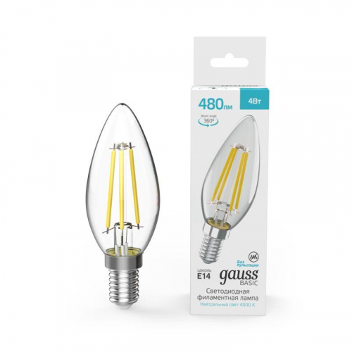Лампа светодиодная филаментная Basic Filament 4Вт Свеча 4000К E14 480лм GAUSS 50312242