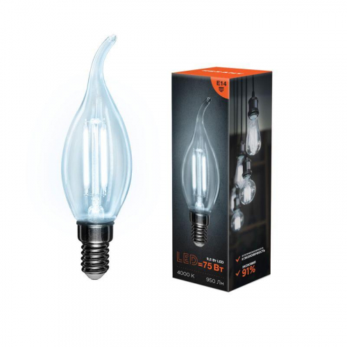 Лампа светодиодная филаментная 9.5Вт CN37 свеча на ветру прозрачная 4000К нейтр. бел. E14 950лм Rexant 604-110 фото 2