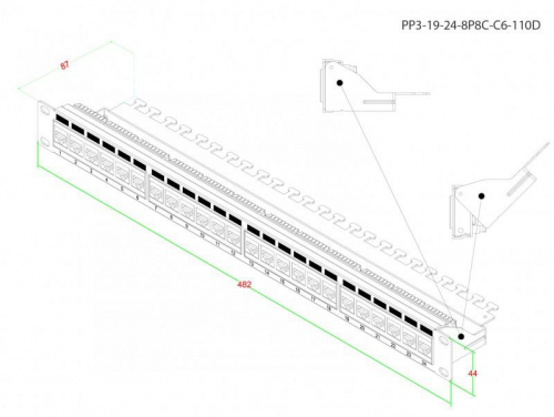 Патч-панель 19дюйм 1U RJ45 кат.6 24 порта Dual IDC ROHS PP3-19-24-8P8C-C6-110D черн. Hyperline 246107 фото 2