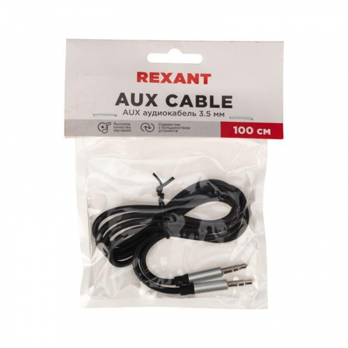 Кабель аудио AUX 3.5мм шнур плоский 1м черн. Rexant 18-4000 фото 2