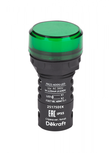 Лампа коммутационная ADDS ЛК-22 d22 380В AC IP55 LED зел. DEKraft 25175DEK