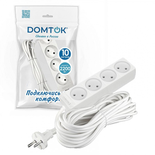 Удлинитель 4х10м без заземл. 10А IP20 2.2кВт ПВС 2х1 бел. DOMTOK 2355 фото 2