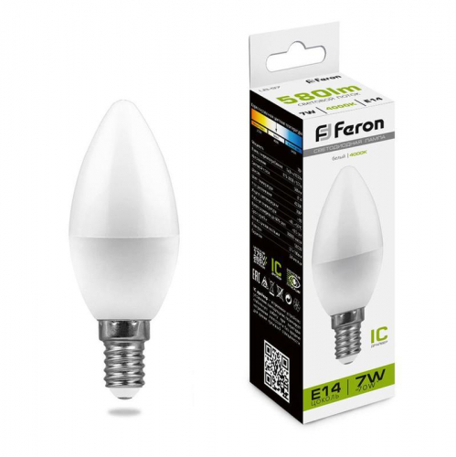 Лампа светодиодная LB-97 7Вт C37 свеча 4000К E14 230В FERON 25476