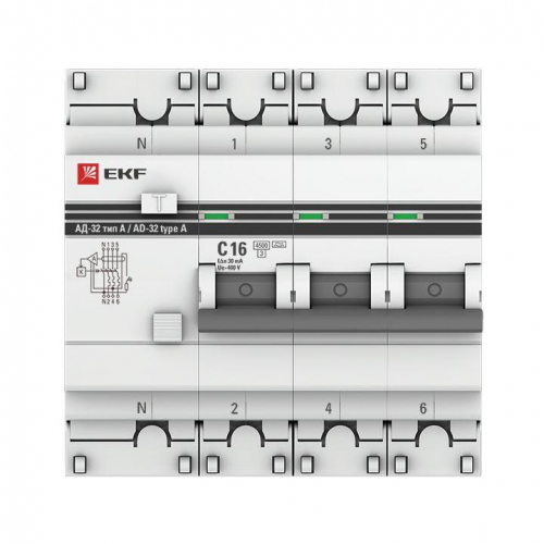Выключатель автоматический дифференциального тока 3п+N 16А 30мА тип А АД-32 PROxima EKF DA32-16-30-4P-a-pro фото 2