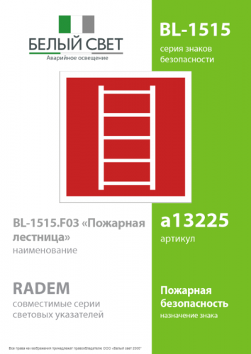Знак безопасности BL-1515.F03"Пожарная лестница" Белый свет a13225