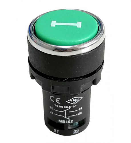 Кнопка нажимная моноблочная 22мм IP 40 1НО+1НЗ зел. EMAS MB102DY
