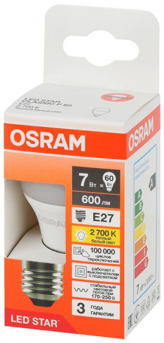 Лампа светодиодная LED Star 7Вт шар 2700К E27 600лм (замена 60Вт) OSRAM 4058075696389 фото 3