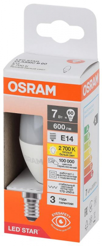 Лампа светодиодная LED Star 7Вт свеча 2700К E14 600лм (замена 60Вт) OSRAM 4058075696297 фото 3