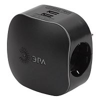 Разветвитель 3-м с заземл. 16А IP20 SP-3e-USB-BLACK 220В + 2хUSB 2100мА защ. шторки черн. Эра Б0046364