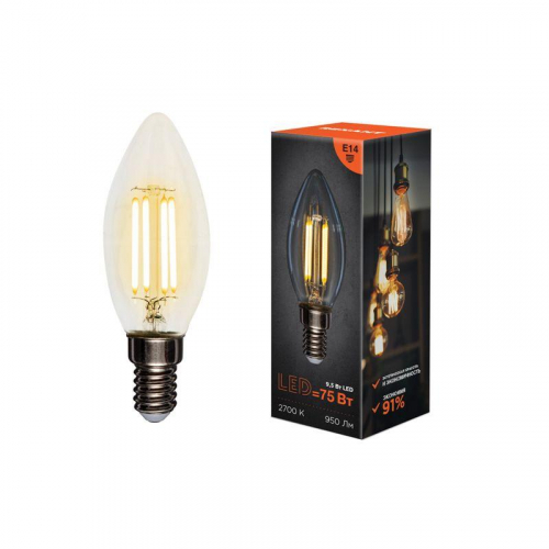 Лампа филаментная Свеча CN35 9.5Вт 950лм 2700К E14 прозр. колба Rexant 604-091