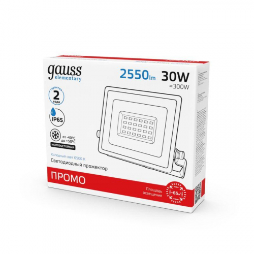 Прожектор светодиодный Elementary 30Вт IP65 6500К 2550лм PROMO G3 черн. GAUSS 613100330P фото 3
