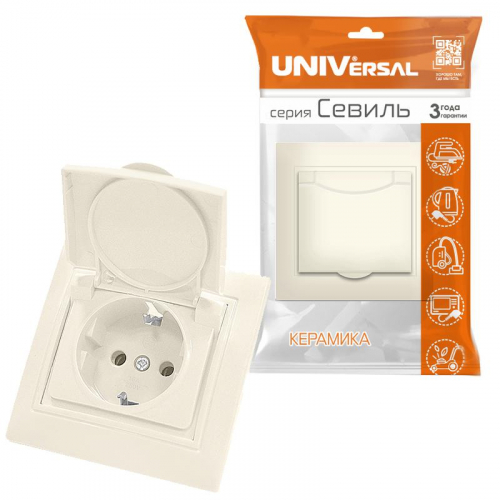 Розетка Севиль с заземл. с крышкой сл. кость Universal Б-С0029 фото 3
