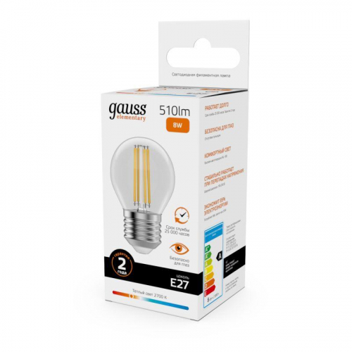 Лампа светодиодная филаментная Filament Elementary 8Вт шар 2700К Е27 510лм GAUSS 52218 фото 2