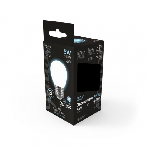 Лампа светодиодная филаментная Black Filament 5Вт P45 шар матовая 4100К нейтр. бел. E27 450лм GAUSS 105202205 фото 6
