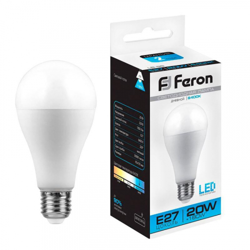 Лампа светодиодная LB-98 20Вт A65 грушевидная 6400К E27 230В FERON 25789