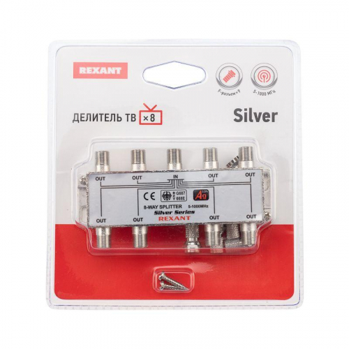 Делитель ТВх8 + 9шт F 5-1000 МГц (Silver) box(уп.5шт) Rexant 05-6105 фото 3