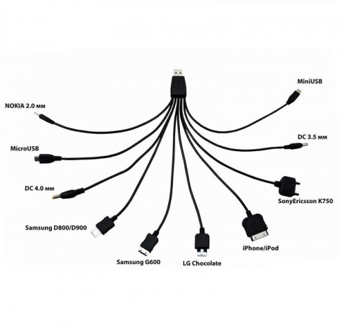 Кабель USB 10 в 1 microUSB/miniUSB/30 pin/LG Chocolate/Samsung/SonyEricsson/DC 3.5/DC 4.0/Nokia Rexant 18-1196