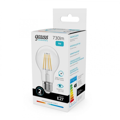 Лампа светодиодная филаментная Filament Elementary А60 9Вт 4100К Е27 730лм GAUSS 22229 фото 4
