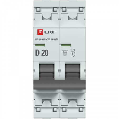 Выключатель автоматический модульный 2п D 20А 6кА ВА 47-63N PROxima EKF M636220D фото 2