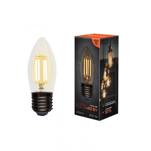 Лампа филаментная Свеча CN35 7.5Вт 600лм 2700К E27 прозр. колба Rexant 604-085 фото 2