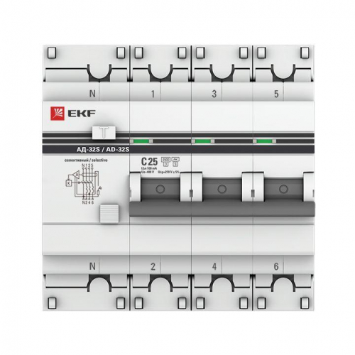 Выключатель автоматический дифференциального тока 3п+N 25А 100мА АД-32 (селективный) PROxima EKF DA32-25-100S-4P-pro фото 2
