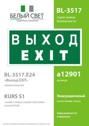 Знак безопасности BL-3517.E24 "Выход-EXIT" Белый свет a12901 фото 2