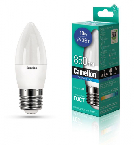 Лампа светодиодная LED10-C35/865/E27 10Вт свеча матовая 6500К холод. бел. E27 220В Camelion 13564