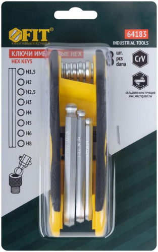 Ключ шестигранный с шаром 1.5-8мм складной CrV (уп.8шт) FIT 64183 фото 3