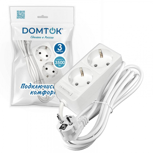 Удлинитель 2х3м с заземл. 16А IP20 3.5кВт ПВС 3х1 бел. DOMTOK 2386 фото 2