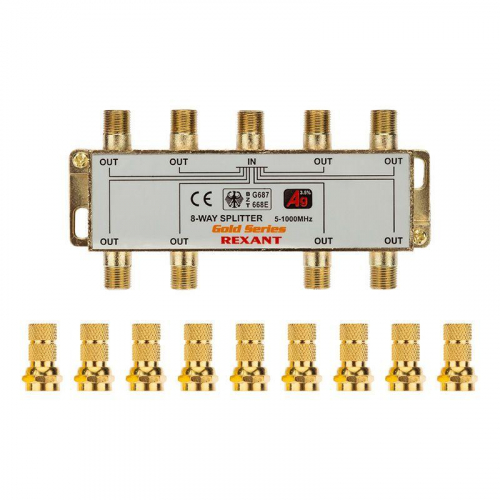 Делитель ТВх8 + 9шт F 5-1000 МГц (GOLD) box (уп.5шт) Rexant 05-6105-1 фото 2