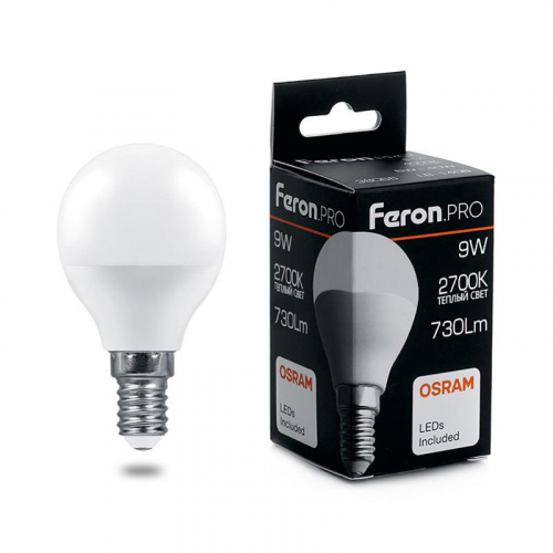 Лампа светодиодная LB-1409 9Вт G45 шар 2700К E14 230В FERON 38077