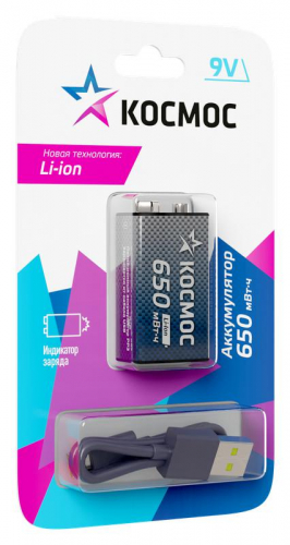 Аккумулятор крона Li-ion 9В 650мАч (блист.1шт) КОСМОС KOCLi9V650mAh1BL фото 2