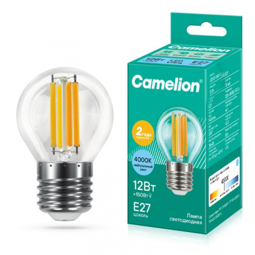 Лампа светодиодная филаментная LED12-G45-FL/845/E27 12Вт шар прозрачная 4500К бел. E27 220В Camelion 13715
