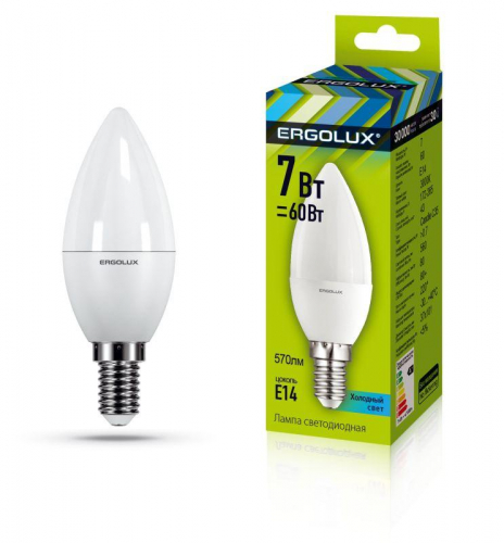 Лампа светодиодная LED-C35-7W-E14-3000K "Свеча" 172-265В Ergolux 12134