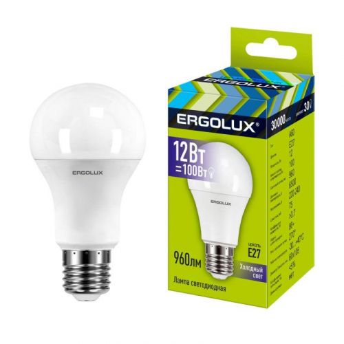 Лампа светодиодная LED-A60-12W-E27-6500K 12Вт грушевидная матовая 6500К холод. бел. E27 220-240В ЛОН Ergolux 12880