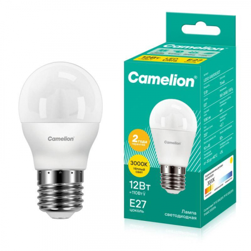 Лампа светодиодная LED12-G45/830/E27 12Вт шар матовая 3000К тепл. бел. E27 220В Camelion 13694