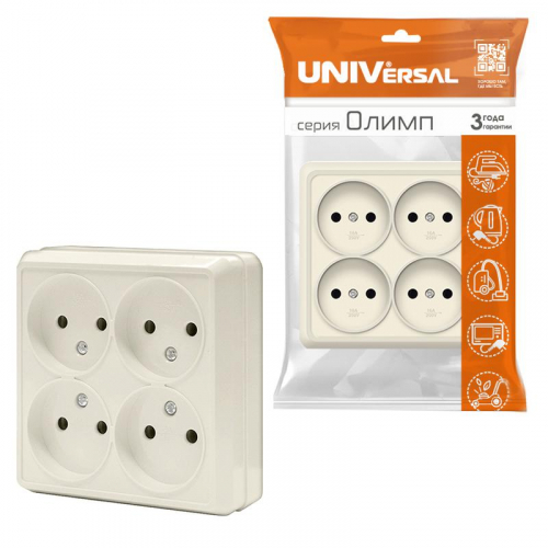 Розетка 4-м ОП Олимп 16А IP20 квадрат. без заземл. сл. кость UNIVersal 1170 фото 3