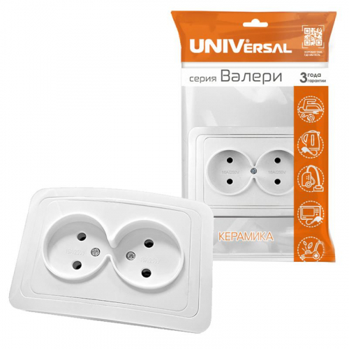 Розетка 2-м СП Валери 16А IP20 без заземл. бел. UNIVersal В0102 фото 3