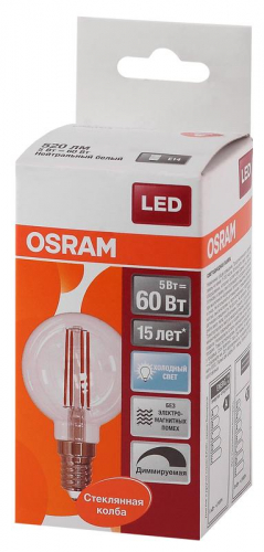Лампа светодиодная филаментная LS CL P60D 5W/840 FIL E14 230В OSRAM 4058075230446 фото 2