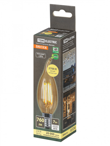 Лампа светодиодная «Винтаж» золотистая WFС37, 7 Вт, 230 В, 2700 К, E14 (свеча на ветру) TDM фото 4
