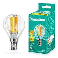 Лампа светодиодная филаментная LED7-G45-FL/830/E14 7Вт шар прозрачная 3000К тепл. бел. E14 220В Camelion 13456