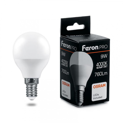 Лампа светодиодная LB-1409 9Вт G45 шар 4000К E14 230В FERON 38078