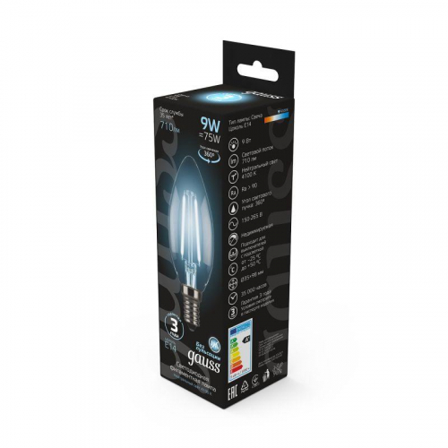 Лампа светодиодная филаментная Black Filament 9Вт свеча 4100К нейтр. бел. E14 710лм GAUSS 103801209 фото 4