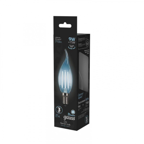Лампа светодиодная филаментная Black Filament 9Вт свеча на ветру 4100К нейтр. бел. E14 710лм GAUSS 104801209 фото 3