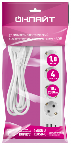 Удлинитель 4х1.8м с заземл. 10А IP20 90 841 OPE-USB-04-180-ESC-3x1 USB 2xType-A + Type-C с кнопкой ОНЛАЙТ 90841 фото 4