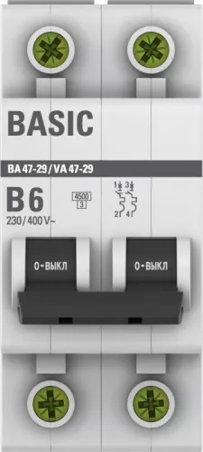 Выключатель автоматический модульный 2п B 6А 4.5кА ВА 47-29 Basic EKF mcb4729-2-06-B фото 2