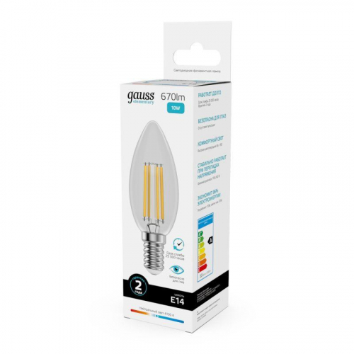 Лампа светодиодная филаментная Filament Elementary 10Вт свеча 4100К Е14 670лм GAUSS 32120 фото 6