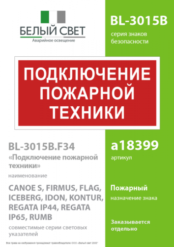 Знак безопасности BL-3015B.F34 "Подключение пожарной техники" Белый свет a18399 фото 2