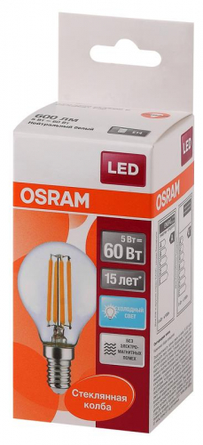 Лампа светодиодная филаментная LED STAR CLASSIC P 60 5W/840 5Вт шар 4000К нейтр. бел. E14 600лм 220-240В прозр. стекл. OSRAM 4058075212480 фото 2