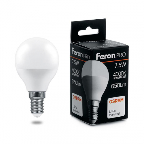 Лампа светодиодная LB-1407 7.5Вт G45 шар 4000К E14 230В FERON 38072